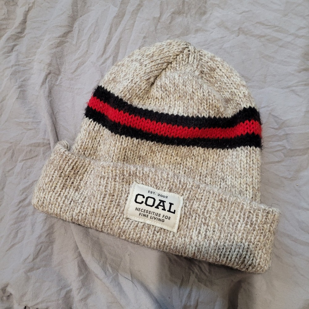 COAL by scott stevens Wool blend Beanie Oatmeal with red &‎ black stripe street
